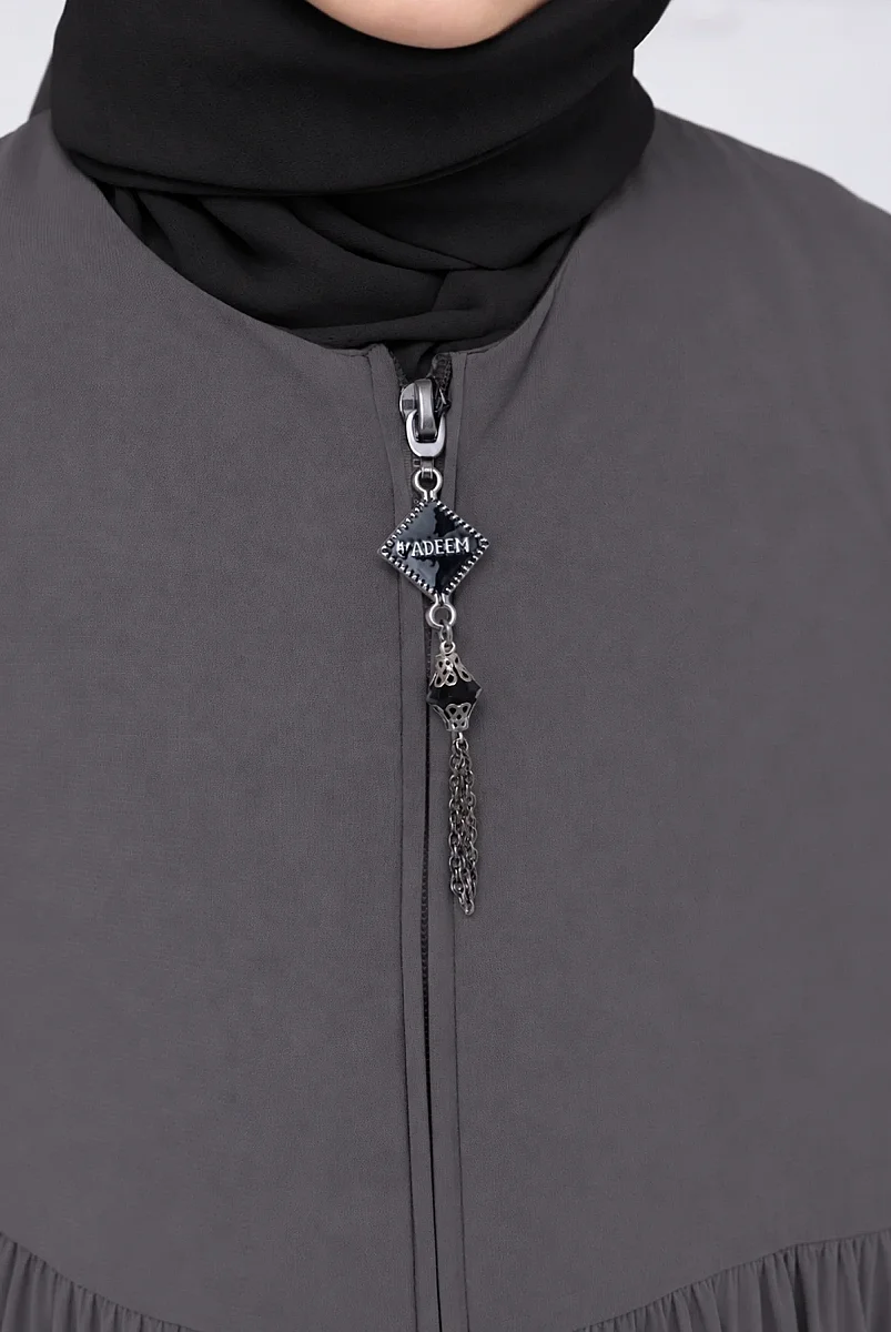 3 Katlı Medine İpeği Kız Çocuk Feracesi Rahat Kesim Çocuk Abaya - Füme (Kdm) - 6