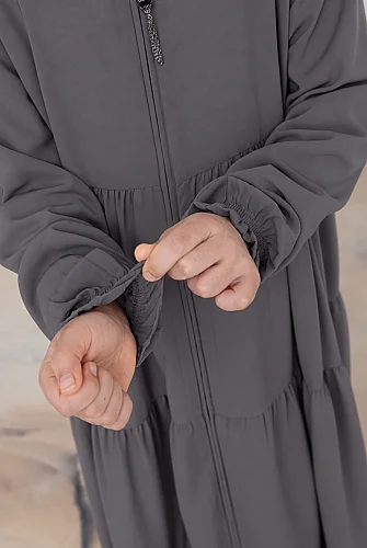 3 Katlı Medine İpeği Kız Çocuk Feracesi Rahat Kesim Çocuk Abaya - Füme (Kdm) - 7