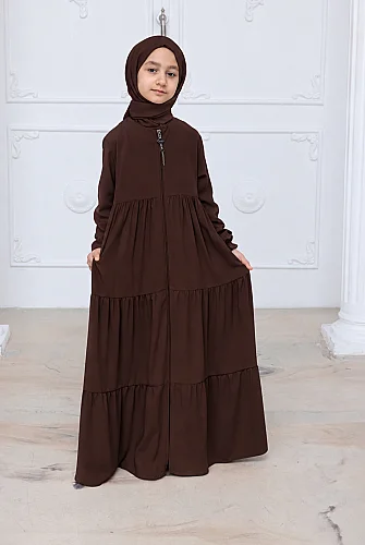 3 Katlı Medine İpeği Kız Çocuk Feracesi Rahat Kesim Çocuk Abaya - Kahverengi (Kdm) 