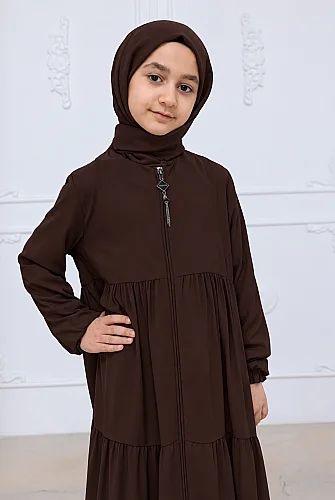 3 Katlı Medine İpeği Kız Çocuk Feracesi Rahat Kesim Çocuk Abaya - Kahverengi (Kdm) - 3