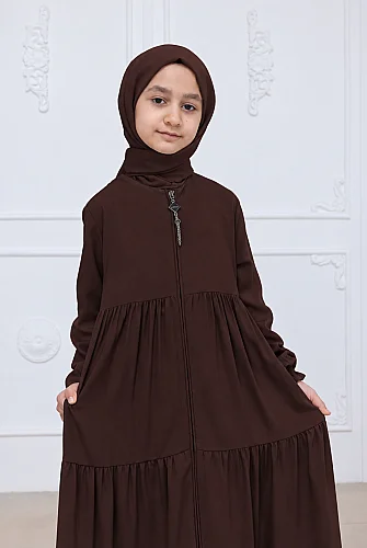 3 Katlı Medine İpeği Kız Çocuk Feracesi Rahat Kesim Çocuk Abaya - Kahverengi (Kdm) - 4