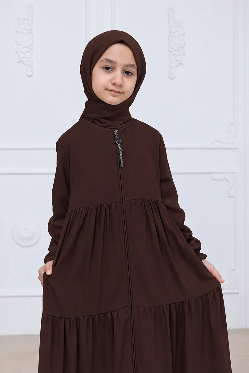 3 Katlı Medine İpeği Kız Çocuk Feracesi Rahat Kesim Çocuk Abaya - Kahverengi (Kdm) - 4