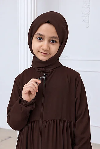 3 Katlı Medine İpeği Kız Çocuk Feracesi Rahat Kesim Çocuk Abaya - Kahverengi (Kdm) - 5