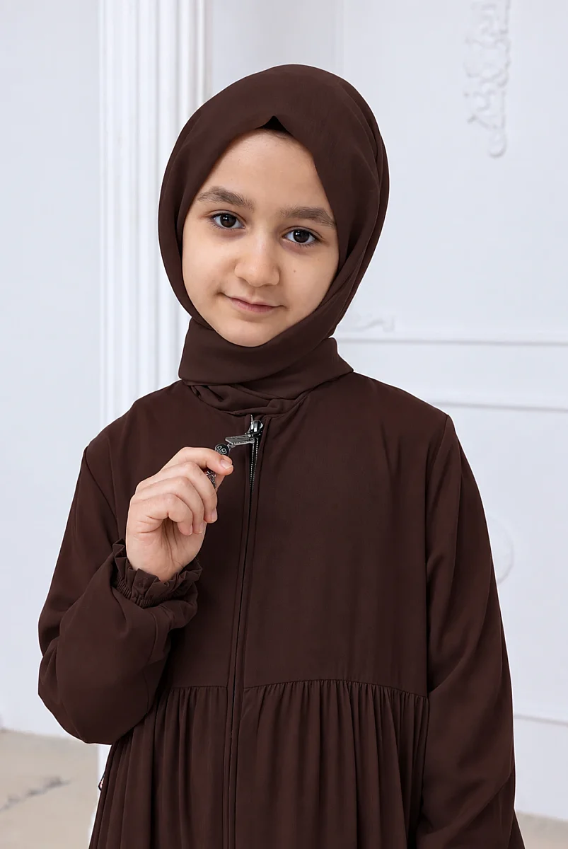 3 Katlı Medine İpeği Kız Çocuk Feracesi Rahat Kesim Çocuk Abaya - Kahverengi (Kdm) - 5