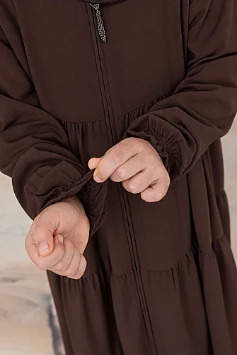 3 Katlı Medine İpeği Kız Çocuk Feracesi Rahat Kesim Çocuk Abaya - Kahverengi (Kdm) - 7