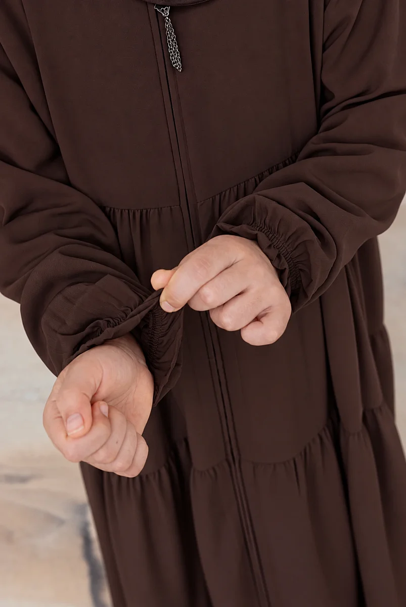 3 Katlı Medine İpeği Kız Çocuk Feracesi Rahat Kesim Çocuk Abaya - Kahverengi (Kdm) - 7