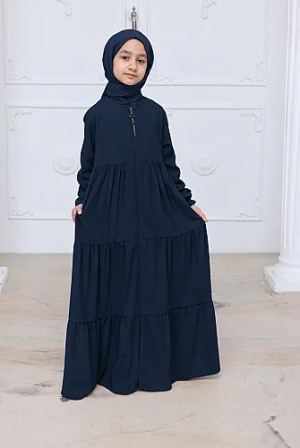 3 Katlı Medine İpeği Kız Çocuk Feracesi Rahat Kesim Çocuk Abaya - Lacivert (Kdm) 