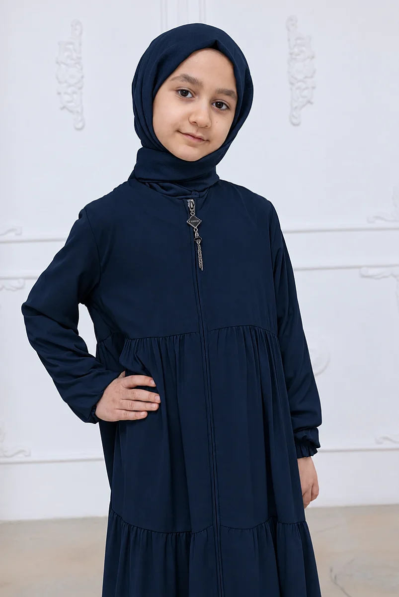 3 Katlı Medine İpeği Kız Çocuk Feracesi Rahat Kesim Çocuk Abaya - Lacivert (Kdm) - 3