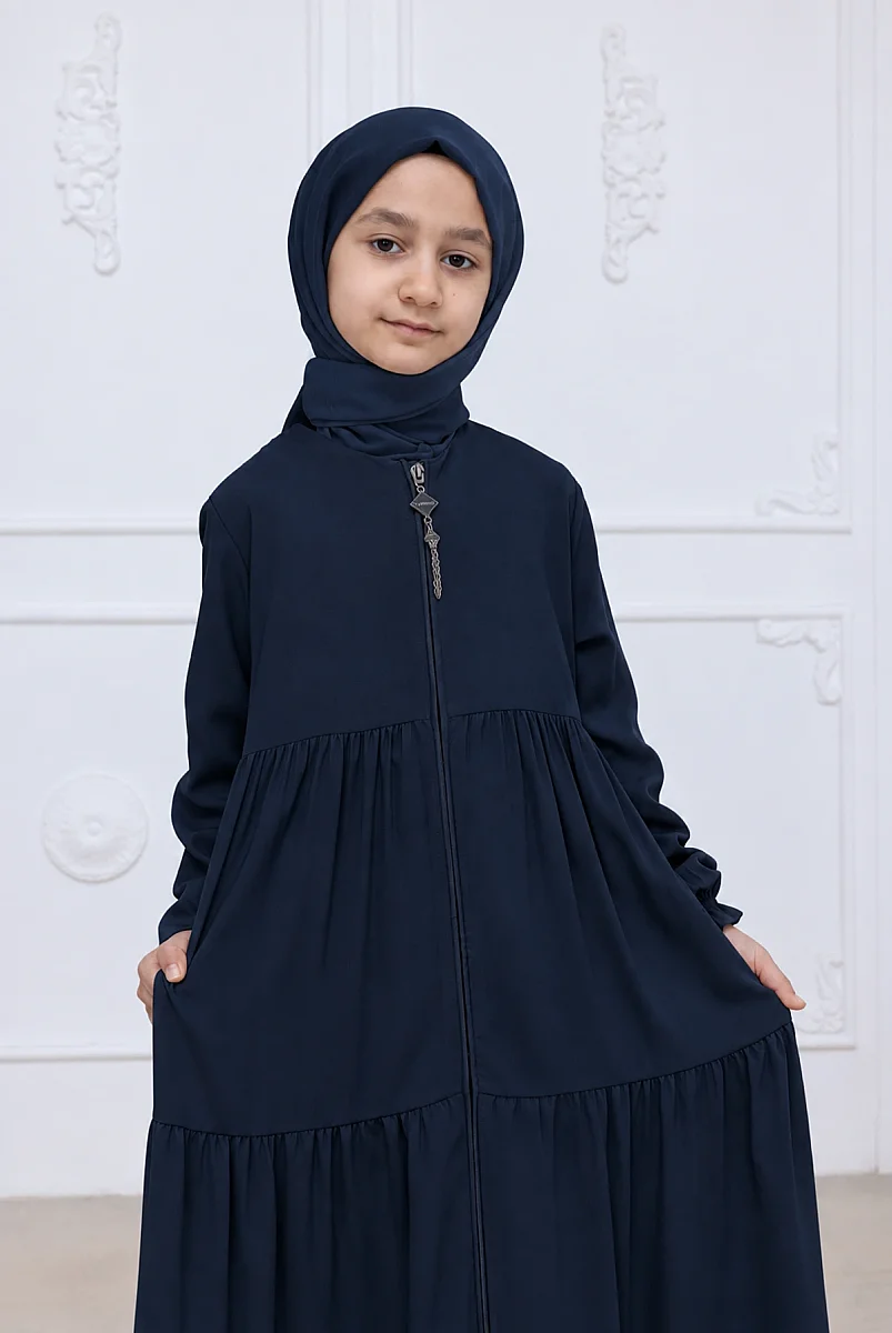 3 Katlı Medine İpeği Kız Çocuk Feracesi Rahat Kesim Çocuk Abaya - Lacivert (Kdm) - 4