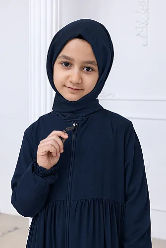 3 Katlı Medine İpeği Kız Çocuk Feracesi Rahat Kesim Çocuk Abaya - Lacivert (Kdm) - 5