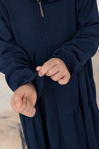 3 Katlı Medine İpeği Kız Çocuk Feracesi Rahat Kesim Çocuk Abaya - Lacivert (Kdm) - 7