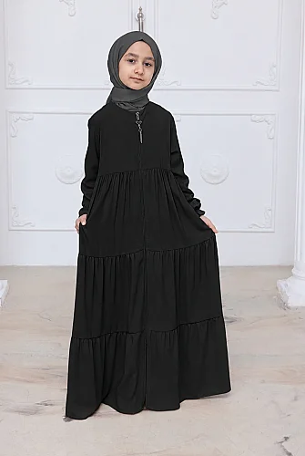 3 Katlı Medine İpeği Kız Çocuk Feracesi Rahat Kesim Çocuk Abaya - Siyah (Kdm) 
