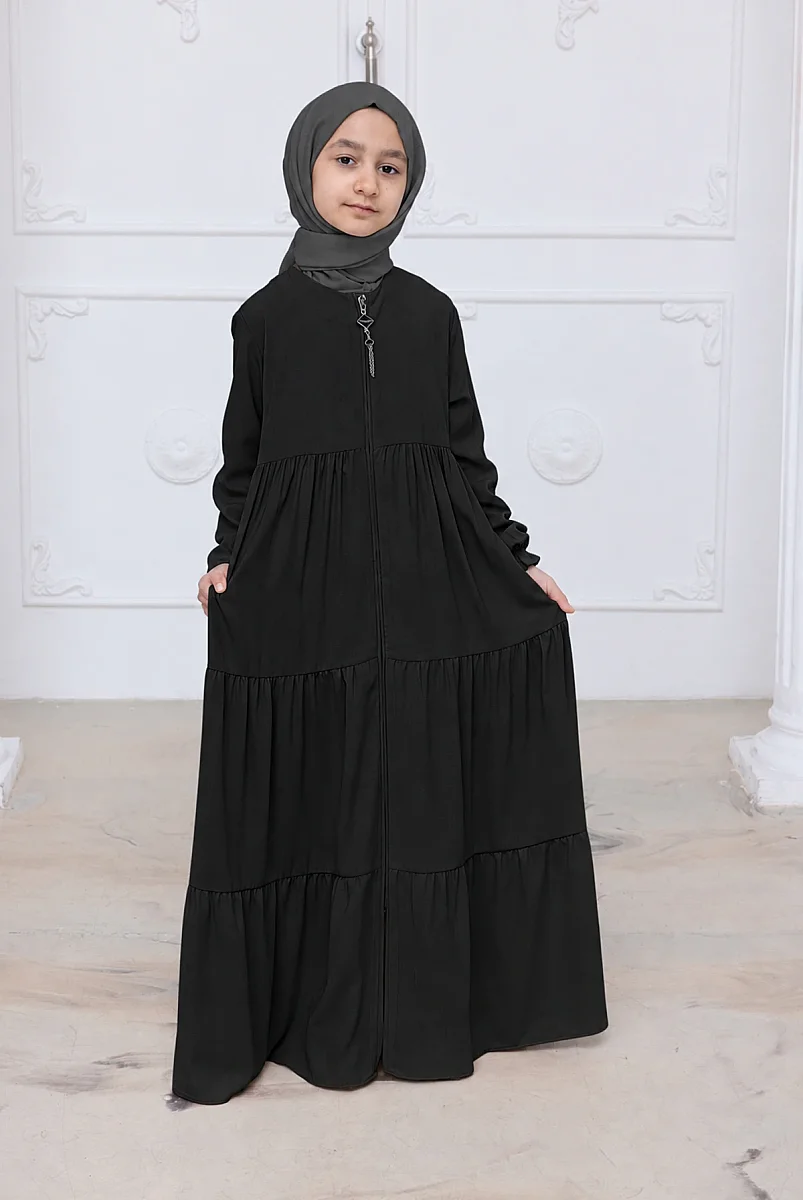 3 Katlı Medine İpeği Kız Çocuk Feracesi Rahat Kesim Çocuk Abaya - Siyah (Kdm) - 1