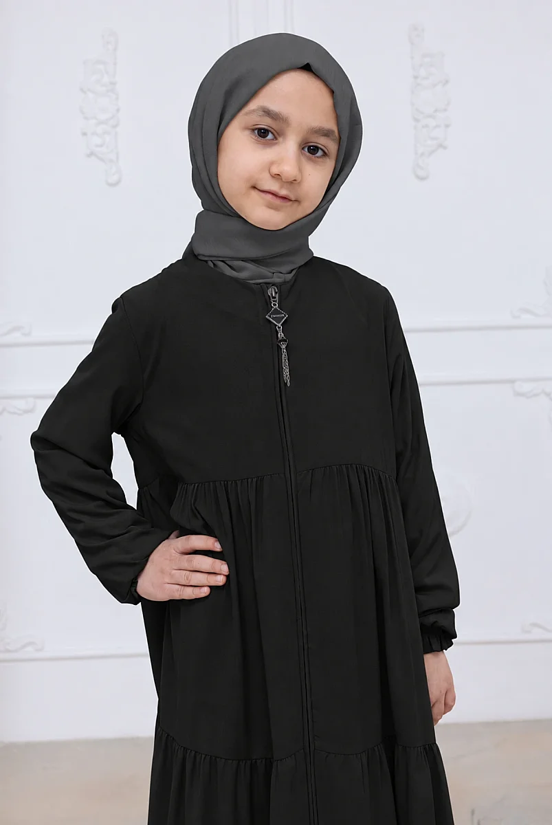 3 Katlı Medine İpeği Kız Çocuk Feracesi Rahat Kesim Çocuk Abaya - Siyah (Kdm) - 3