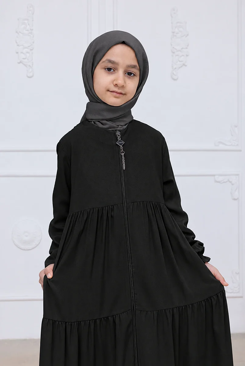 3 Katlı Medine İpeği Kız Çocuk Feracesi Rahat Kesim Çocuk Abaya - Siyah (Kdm) - 4