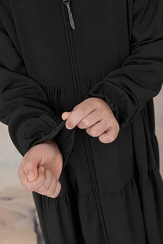 3 Katlı Medine İpeği Kız Çocuk Feracesi Rahat Kesim Çocuk Abaya - Siyah (Kdm) - 7