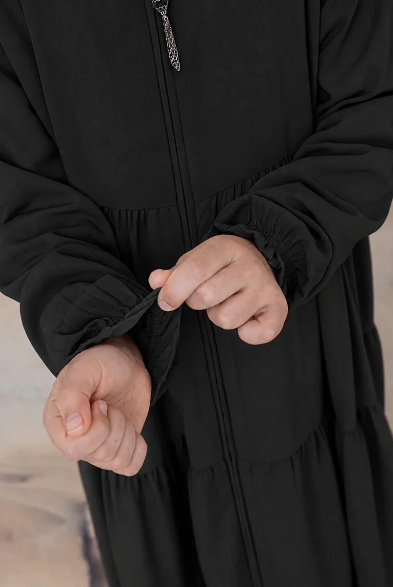3 Katlı Medine İpeği Kız Çocuk Feracesi Rahat Kesim Çocuk Abaya - Siyah (Kdm) - 7