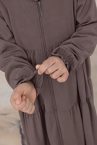 3 Katlı Medine İpeği Kız Çocuk Feracesi Rahat Kesim Çocuk Abaya - Vizon (Kdm) - 7