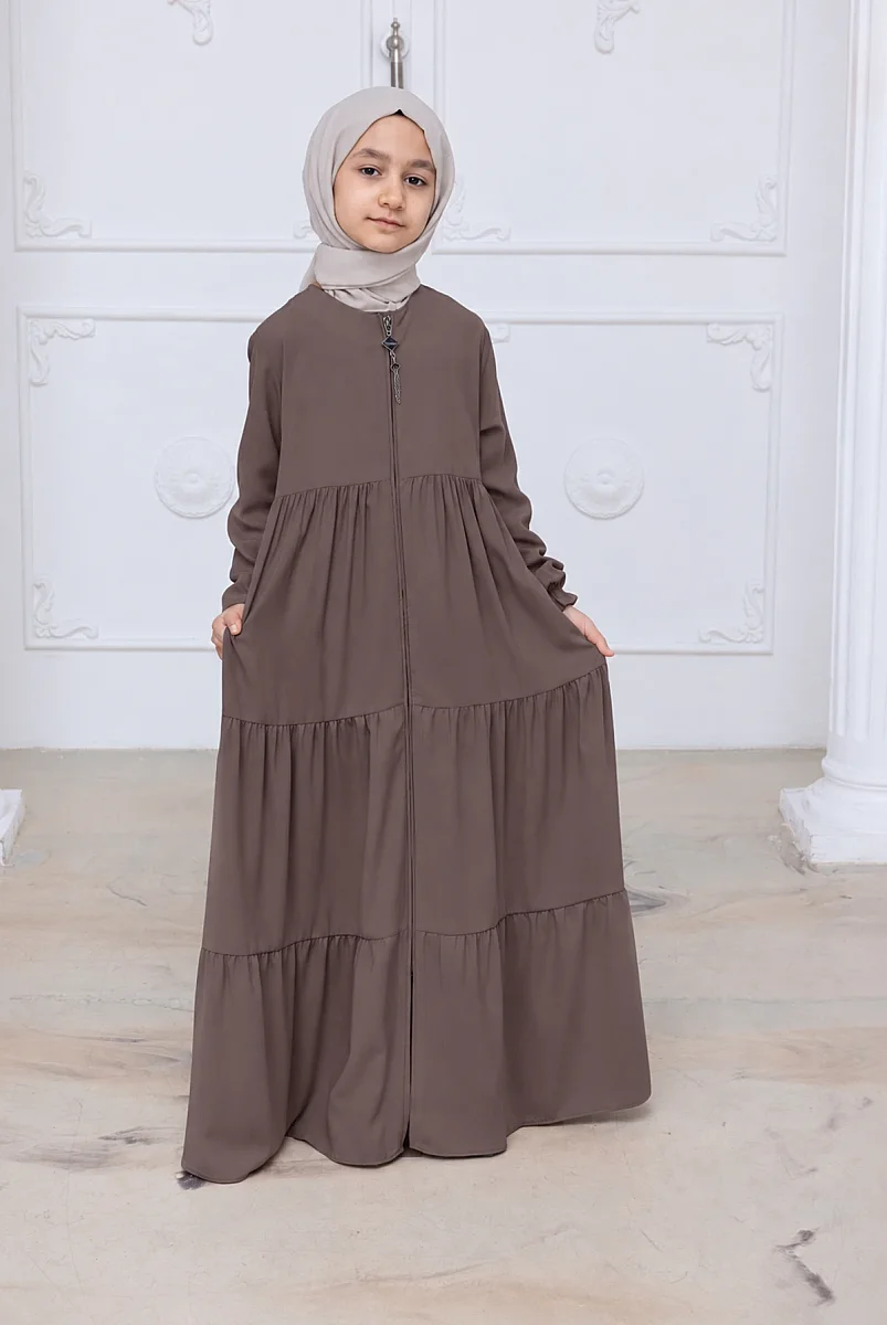 3 Katlı Medine İpeği Kız Çocuk Feracesi Rahat Kesim Çocuk Abaya - Vizon (Kdm) - 1