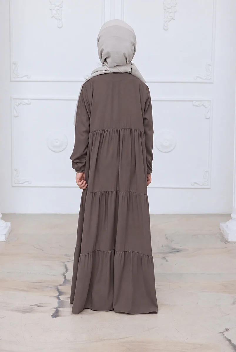 3 Katlı Medine İpeği Kız Çocuk Feracesi Rahat Kesim Çocuk Abaya - Vizon (Kdm) - 2