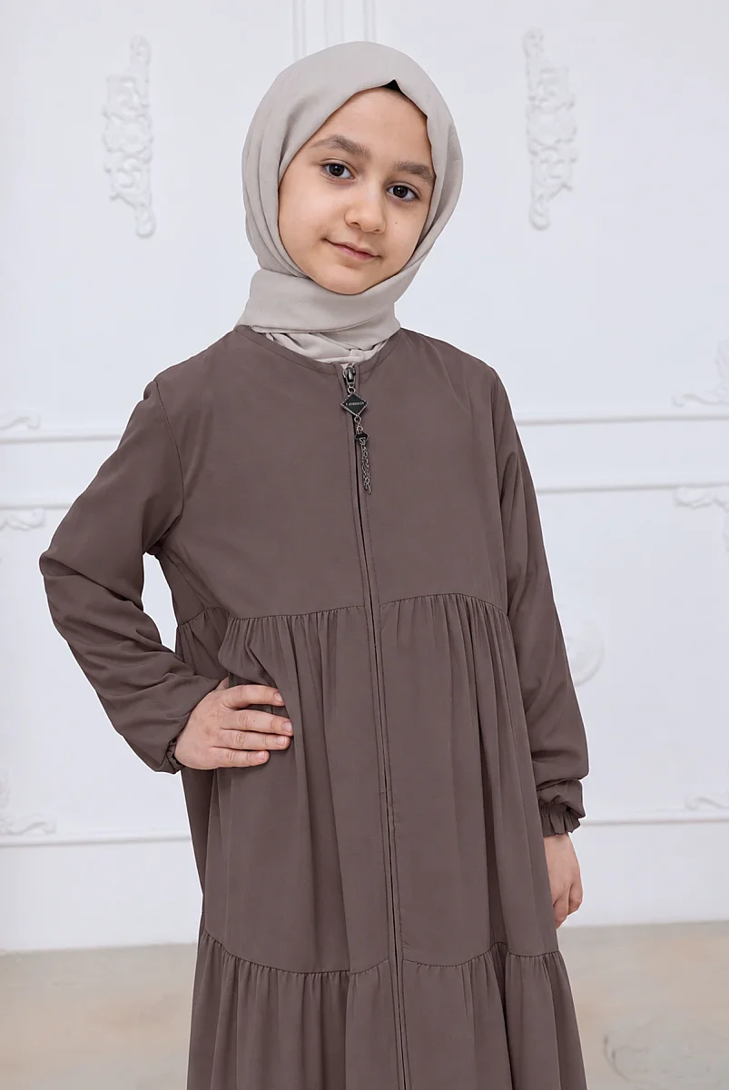 3 Katlı Medine İpeği Kız Çocuk Feracesi Rahat Kesim Çocuk Abaya - Vizon (Kdm) - 3