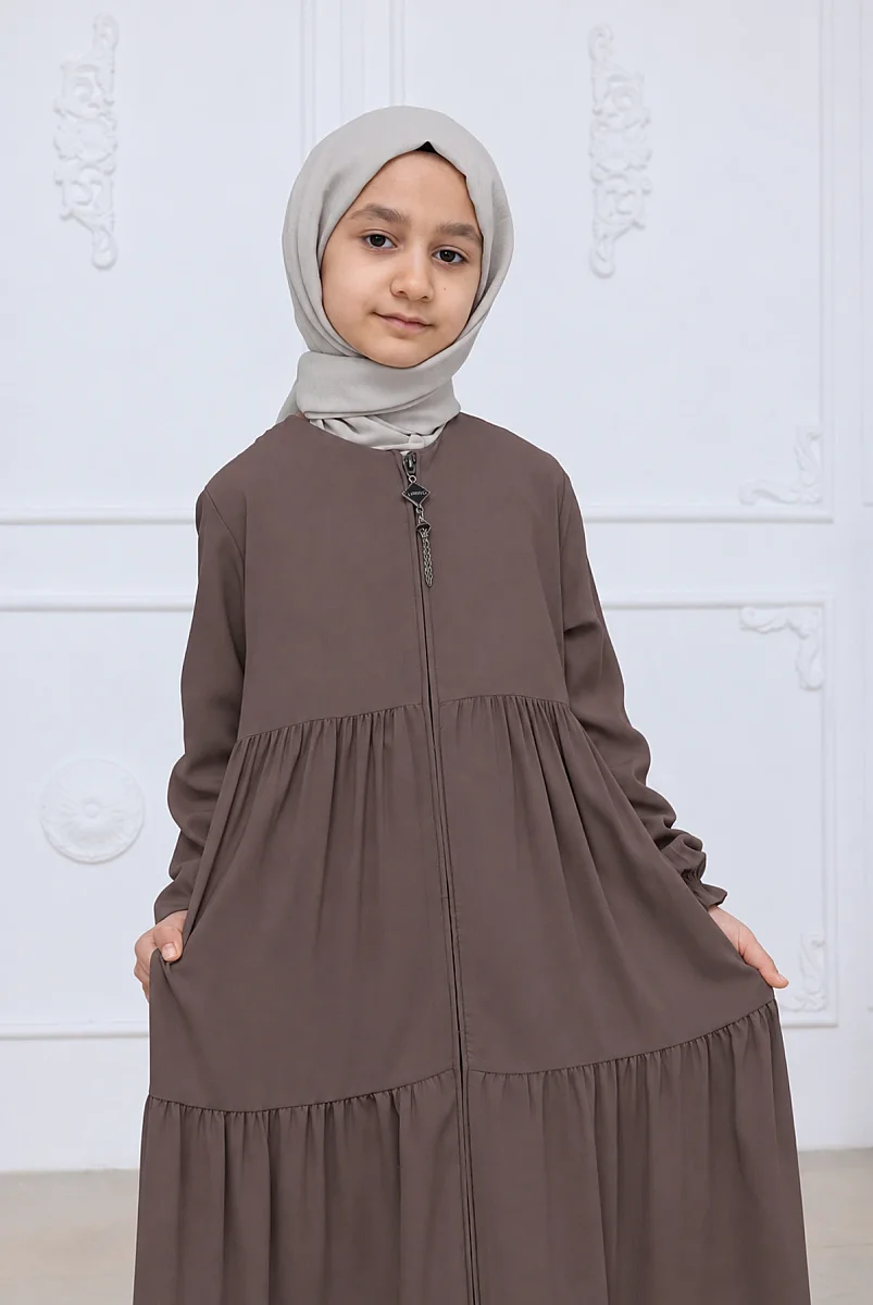 3 Katlı Medine İpeği Kız Çocuk Feracesi Rahat Kesim Çocuk Abaya - Vizon (Kdm) - 4