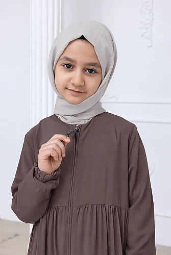 3 Katlı Medine İpeği Kız Çocuk Feracesi Rahat Kesim Çocuk Abaya - Vizon (Kdm) - 5