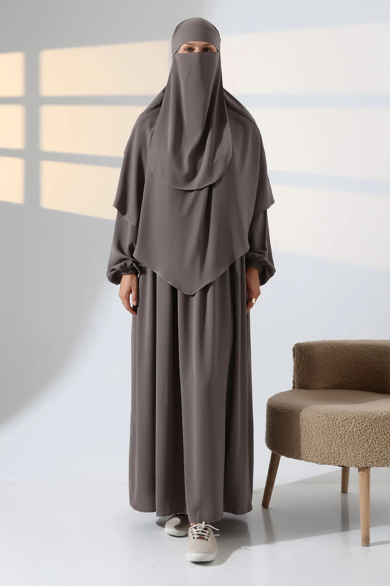 3 Parça Sufleli Peçeli Robalı Ferace Elbise Takım - Bej - ihvanonline