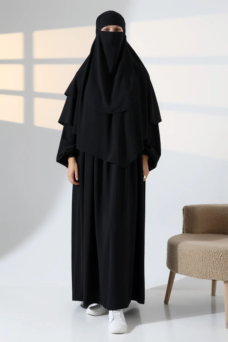 3 Parça Sufleli Peçeli Robalı Ferace Elbise Takım - Siyah - ihvanonline