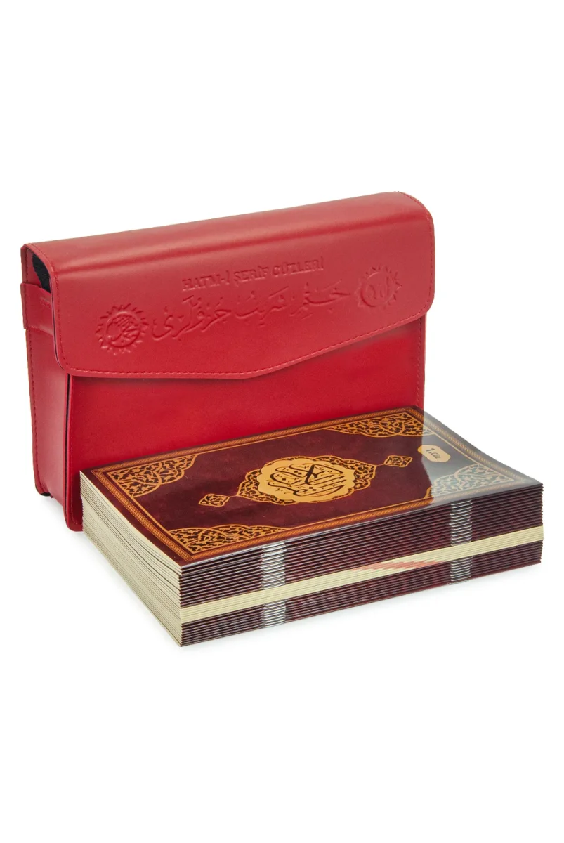 30 Cüz Suni Deri Çantalı Orta Boy Kuranı Kerim - Kırmızı - 1