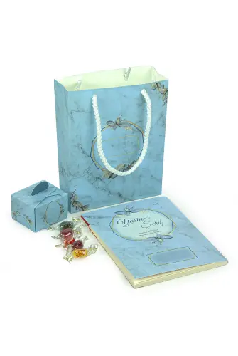 Hediyelik 3'lü Mevlüt Seti İsme Özel Etiketli Çantalı, 64 Sayfa Yasin Kitabı - Mavi - ihvanonline (1)