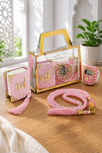 5 Adet Çantalı Mevlüt Hediyelik - Zikirmatik Tesbih Mini Kuranı Kerim Seti - Pembe - 2