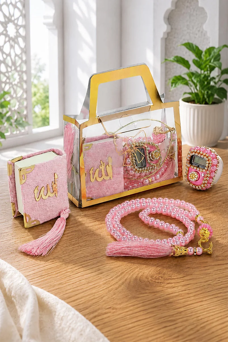 5 Adet Çantalı Mevlüt Hediyelik - Zikirmatik Tesbih Mini Kuranı Kerim Seti - Pembe - 2