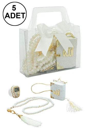 5 Adet Çantalı Mevlüt Hediyelik - Zikirmatik Tesbih Mini Kuranı Kerim Seti - Beyaz 
