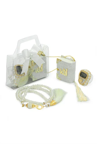 5 Adet Çantalı Mevlüt Hediyelik - Zikirmatik Tesbih Mini Kuranı Kerim Seti - Beyaz - 2