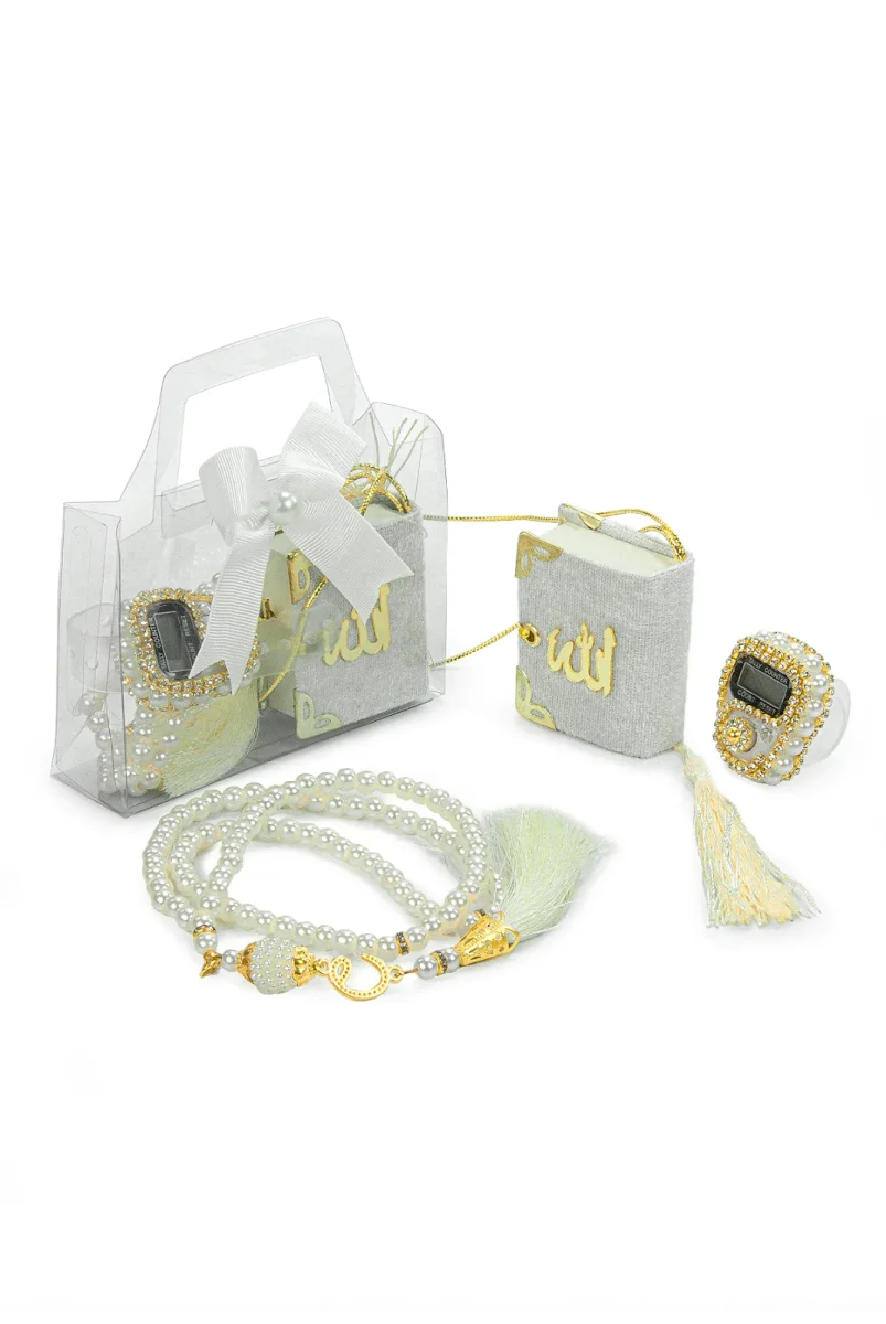 5 Adet Çantalı Mevlüt Hediyelik - Zikirmatik Tesbih Mini Kuranı Kerim Seti - Beyaz - 2