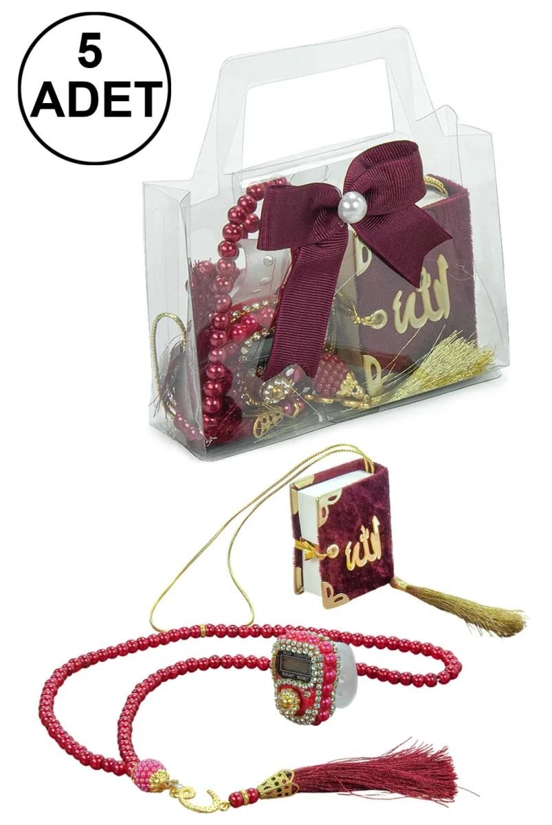 5 Adet Çantalı Mevlüt Hediyelik - Zikirmatik Tesbih Mini Kuranı Kerim Seti - Bordo - 1