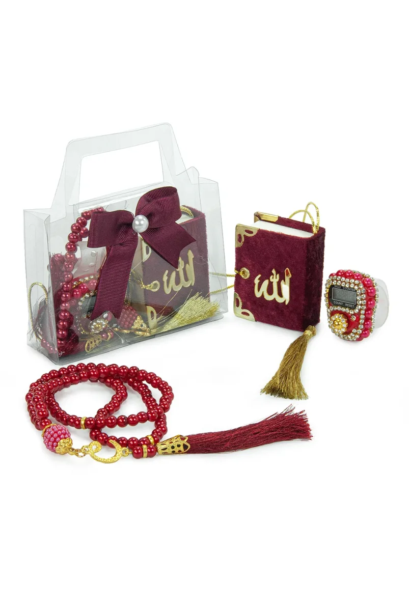 5 Adet Çantalı Mevlüt Hediyelik - Zikirmatik Tesbih Mini Kuranı Kerim Seti - Bordo - 2