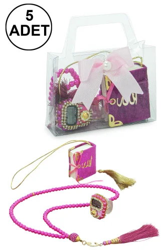 5 Adet Çantalı Mevlüt Hediyelik - Zikirmatik Tesbih Mini Kuranı Kerim Seti - Fuşya 