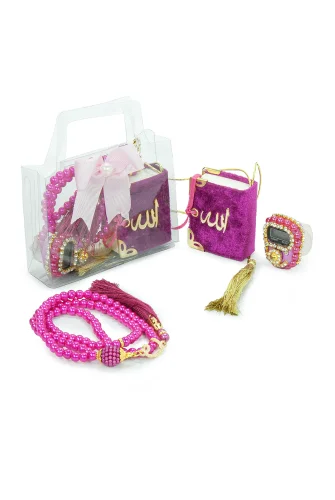 5 Adet Çantalı Mevlüt Hediyelik - Zikirmatik Tesbih Mini Kuranı Kerim Seti - Fuşya - 2