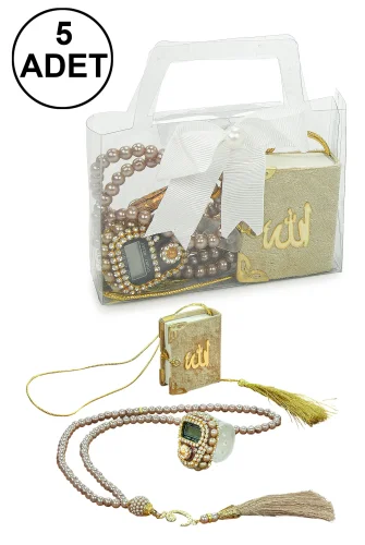 5 Adet Çantalı Mevlüt Hediyelik - Zikirmatik Tesbih Mini Kuranı Kerim Seti - Gold 