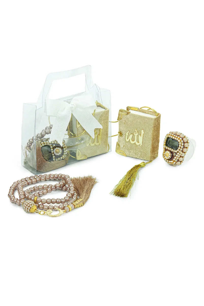 5 Adet Çantalı Mevlüt Hediyelik - Zikirmatik Tesbih Mini Kuranı Kerim Seti - Gold - 2