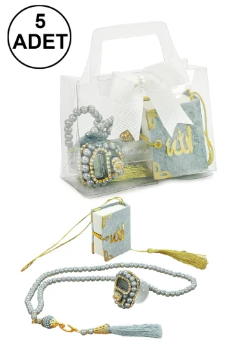 5 Adet Çantalı Mevlüt Hediyelik - Zikirmatik Tesbih Mini Kuranı Kerim Seti - Gri 