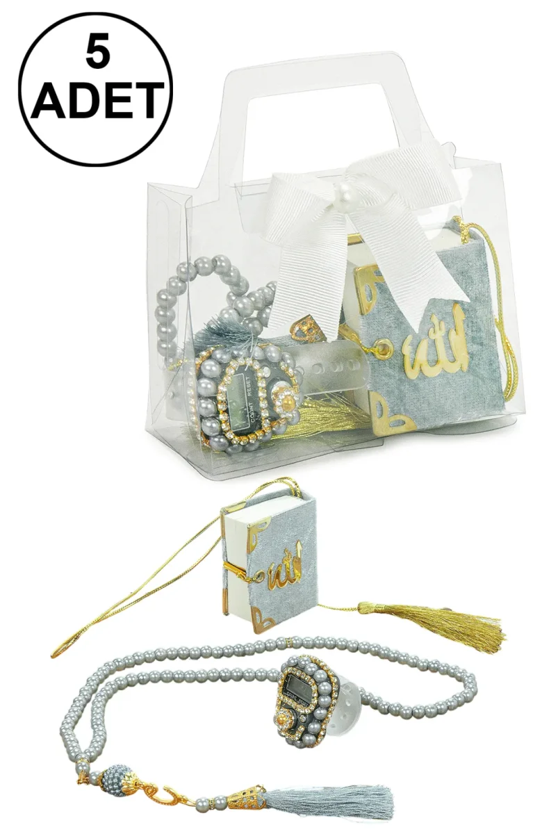 5 Adet Çantalı Mevlüt Hediyelik - Zikirmatik Tesbih Mini Kuranı Kerim Seti - Gri - 1