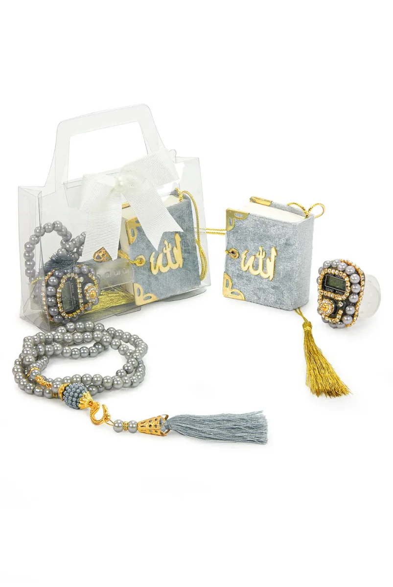 5 Adet Çantalı Mevlüt Hediyelik - Zikirmatik Tesbih Mini Kuranı Kerim Seti - Gri - 2