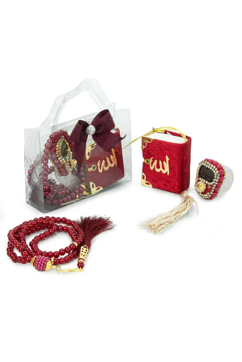 5 Adet Çantalı Mevlüt Hediyelik - Zikirmatik Tesbih Mini Kuranı Kerim Seti - Kırmızı - 2