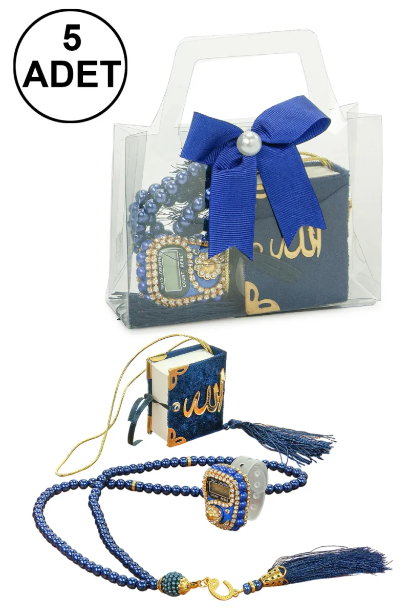 5 Adet Çantalı Mevlüt Hediyelik - Zikirmatik Tesbih Mini Kuranı Kerim Seti - Lacivert - 1