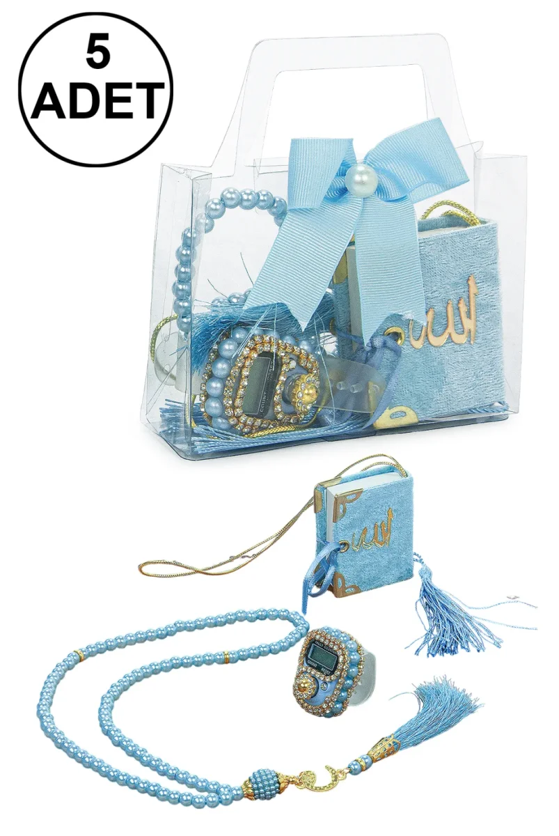 5 Adet Çantalı Mevlüt Hediyelik - Zikirmatik Tesbih Mini Kuranı Kerim Seti - Mavi - 1