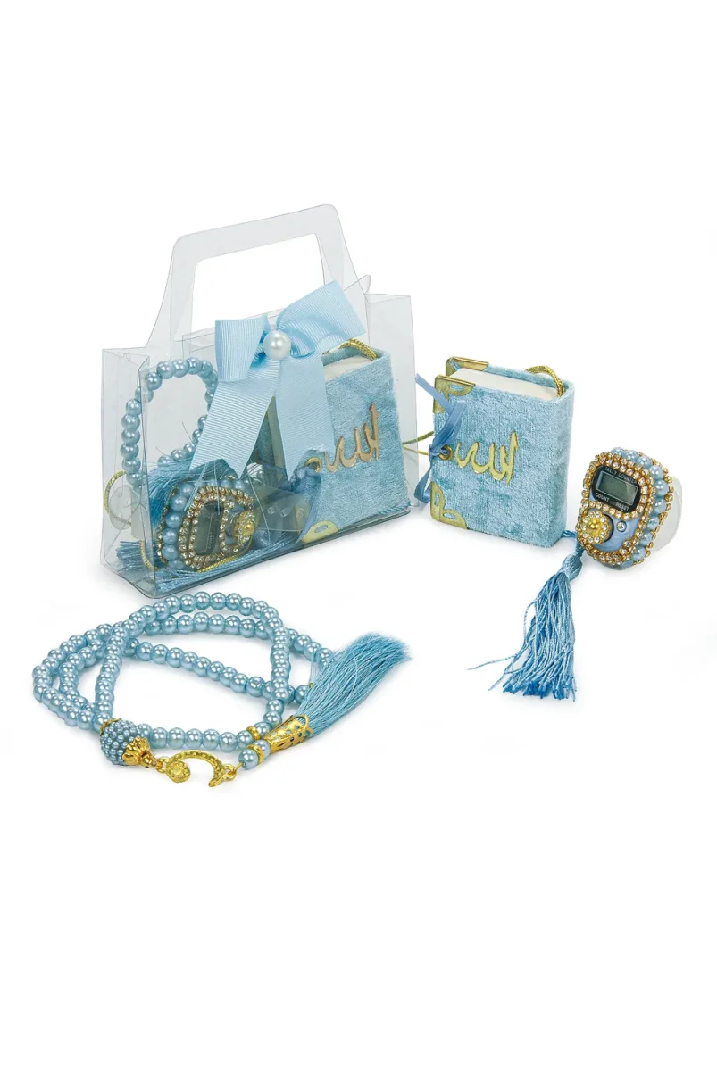 5 Adet Çantalı Mevlüt Hediyelik - Zikirmatik Tesbih Mini Kuranı Kerim Seti - Mavi - 2