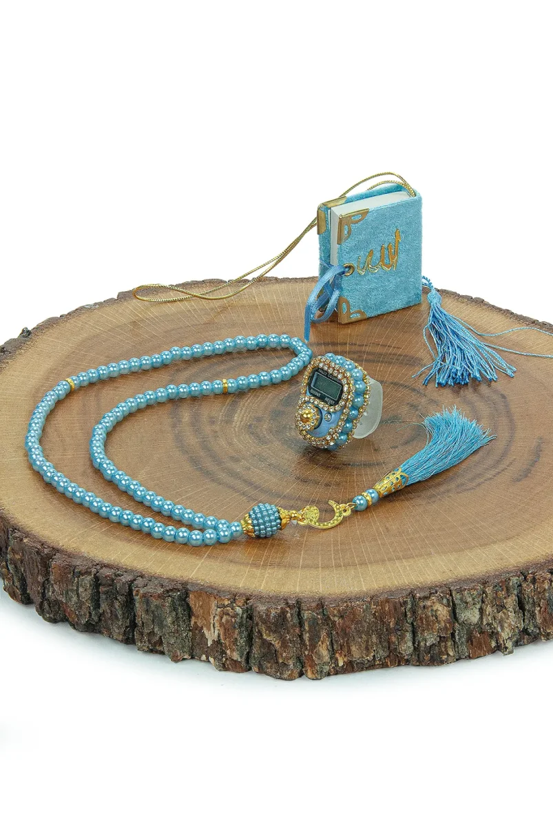 5 Adet Çantalı Mevlüt Hediyelik - Zikirmatik Tesbih Mini Kuranı Kerim Seti - Mavi - 6